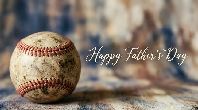 A weathered baseball sits on a textured with Happy Fathers Day text sport game