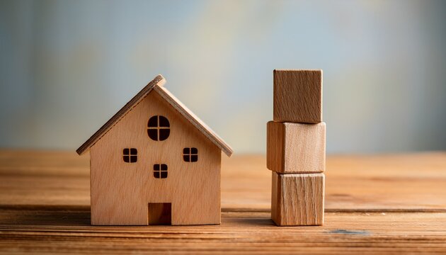 a miniature wooden house stands beside two stacked wooden blocks on a wooden surface
