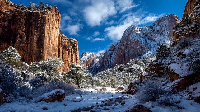 Snow covered canyon walls glowing in crisp winter sunlight deep blue shadows striking contrast