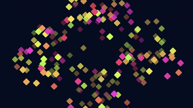 Abstract footage of colorful glowing squares drifting and shimmering over a dark blue background, creating a modern bokeh particle field for tech, music, and design