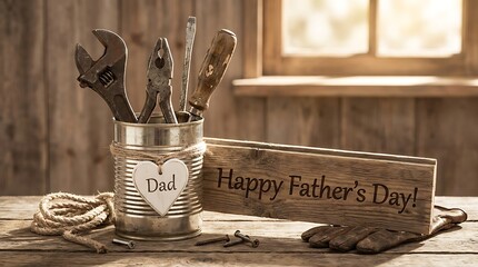 Fathers day Father's Day tools and wooden sign with happy father's day message Father's Day, tools, wrench