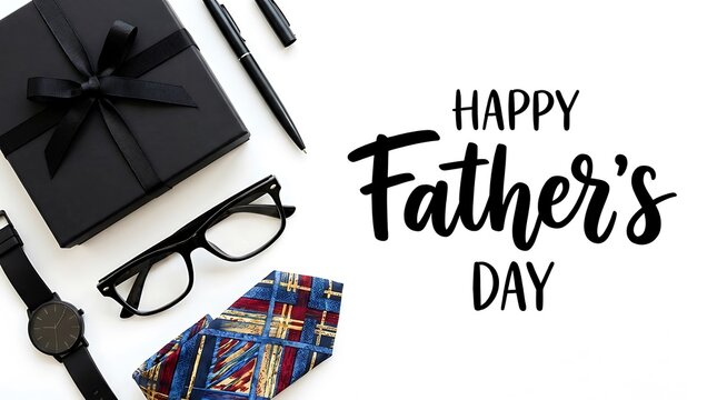 Father's Day gift arrangement with box, tie, glasses, watch, and pen on white fathers day present