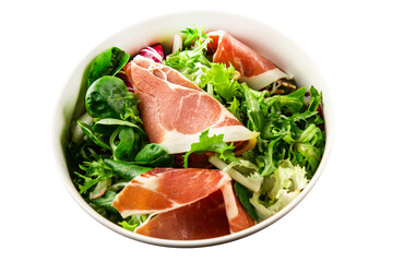Fototapeta premium jamon salad mixed green salad leaves meat dish tasty snack fresh, delicious, gourmet food background rustic food on the table, top view, copy space