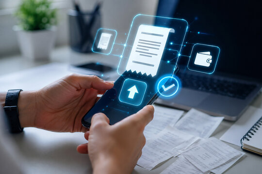 Hands hold smartphone, showing digital invoice and payment icons. Screen glows with futuristic holographic graphics. Office desk holds scattered paper documents and laptop