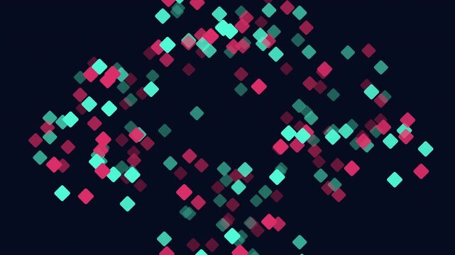 Colorful red and cyan square particles drift across a dark background in an abstract bokeh style, ideal for technology, data, and futuristic motion design projects