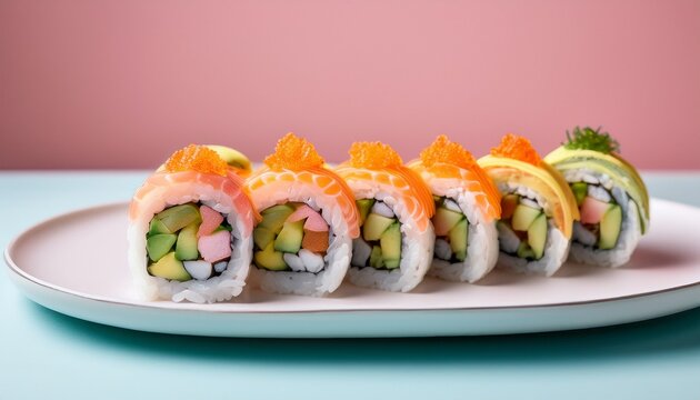 vibrant sushi roll with colorful ingredients showcasing a unique culinary artistry on a white plate against a soft pastel background copy space