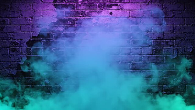 Grungy purple brick wall with turquoise smoke and neon glow