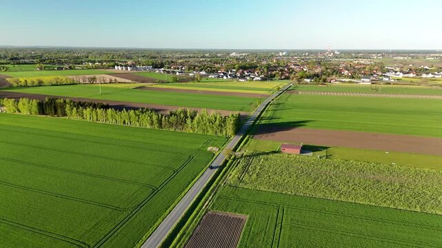Aerial view of a straight road through green farmland fields toward a town on a flat plain in Poland in spring