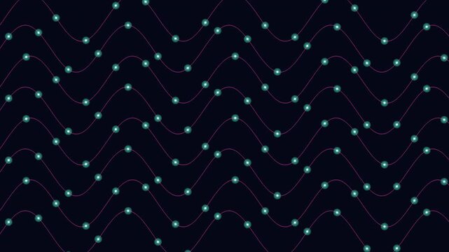 Seamless abstract background of neon pink wave lines with glowing nodes on dark blue, forming a connected network pattern for technology, data, and motion design