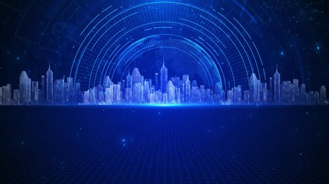 Futuristic blue smart city glows digital skyline, circular interface arch, grid floor perspective. urban technology AI presentations, business promos, data visuals, innovation content, and city intros