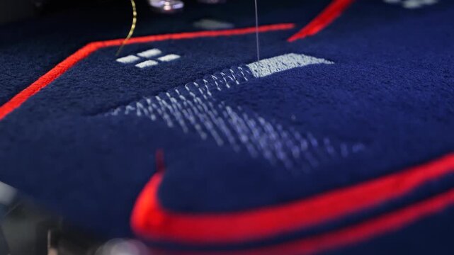 Machine embroidery on a black fleece blouse with red thread. House roof embroidery. Slow motion video. Selective focus close-up.