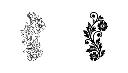 Decorative floral scroll set featuring elegant botanical flourishes in black line art and solid black silhouette styles for wedding stationery and artistic design projects © Maya