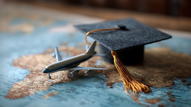 Graduation cap and toy airplane on world map