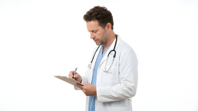 Doctor writing notes on clipboard isolated on white background with clean studio lighting professional medical documentation concept. Healthcare.