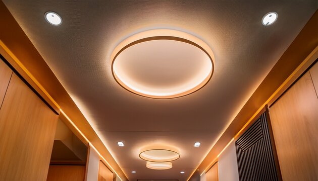 recessed ceiling lighting with round fixtures in modern hallway interior with warm illumination and minimalist design