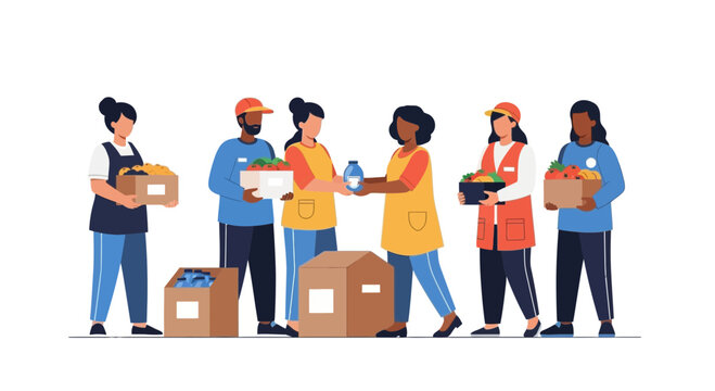 Diverse volunteers distributing food donations, community support, charity work, helping hands