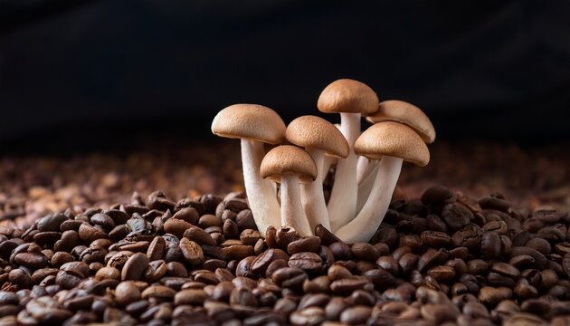 a cluster of mushrooms with light brown caps growing on a bed of dark roasted coffee beans