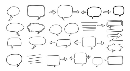 Obraz premium Hand-drawn speech bubbles and arrows, blank message boxes for text, vector elements.