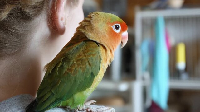 Small lovebird perched on a person's shoulder, showing its colorful plumage
