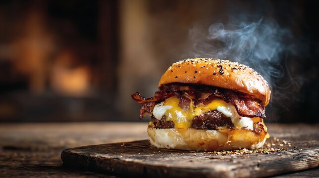 Steaming hot bacon cheeseburger on a rustic wooden board