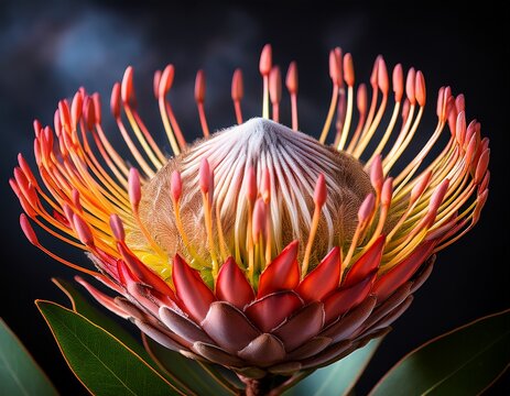 a striking close up of a vibrant protea flower against a dark backdrop