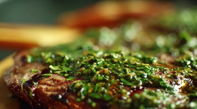 Macro shot of traditional Brazilian barbecue steak being topped with fresh chimichurri, capturing the rich textures of salt, herbs, and seared meat.