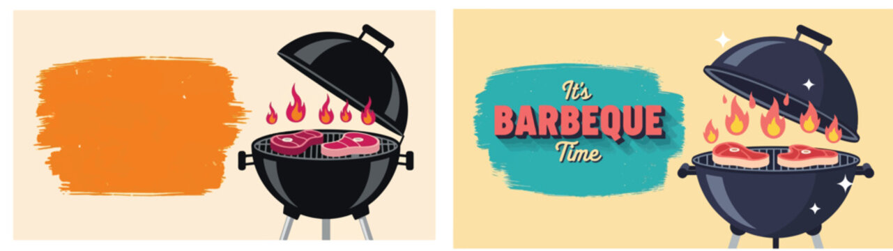 Realistic Backyard BBQ Scene with Two T-Bone Steaks on a Weber Grill. Vintage Metal Signs with Text: "It's BARBEQUE Time."