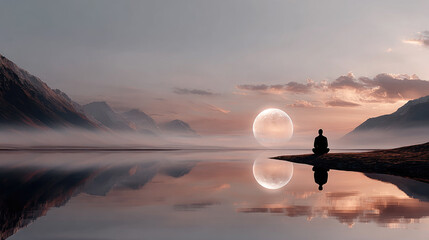 Naklejka premium Person seated in meditative pose by a calm lake at twilight, glowing moon reflecting on water, misty mountains framing a serene, contemplative moment of inner peace and renewal