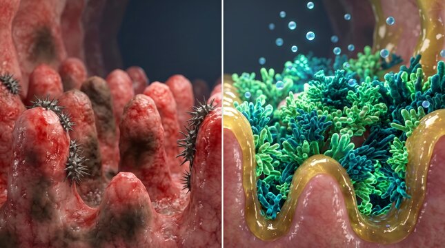 Microscopic view of healthy versus unhealthy gut lining with bacteria and mucus