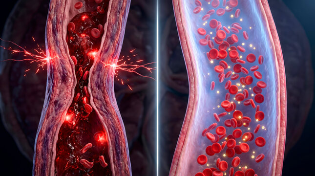 Healthy blood flow versus blocked artery with electrical sparks indicating damage