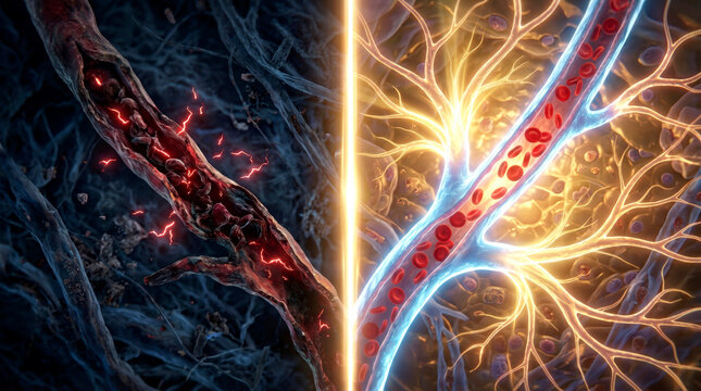 Split view of healthy and unhealthy blood vessels with red blood cells flowing