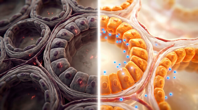 Detailed 3D rendering of microscopic cellular structures in vibrant colors