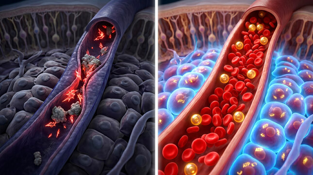 Comparative 3D illustration of blood flow in healthy and unhealthy states