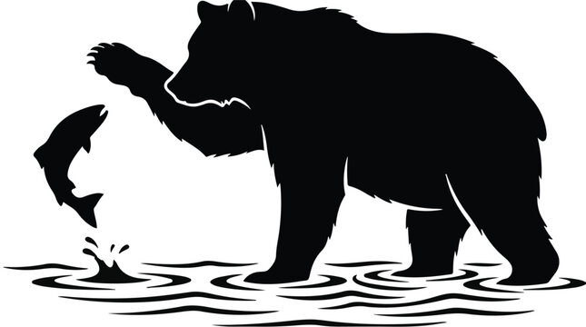 Black silhouette of a bear catching a fish in water, wildlife scene with animal predator and prey in natural aquatic environment