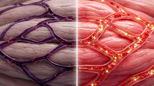 Close-up 3D rendering of healthy and unhealthy blood vessels with red blood cells