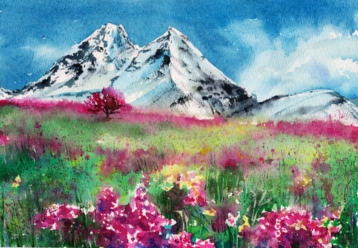 Watercolor painting of alpine mountains with blooming spring flowers in Tyrol, Austria. known as Alpenrose or Almrausch. Typical alpine flora of Tyrol