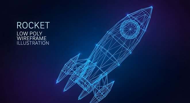 Digital 3D low poly wireframe rocket ship with glowing blue dots and lines wireframe spaceship futuristic technology