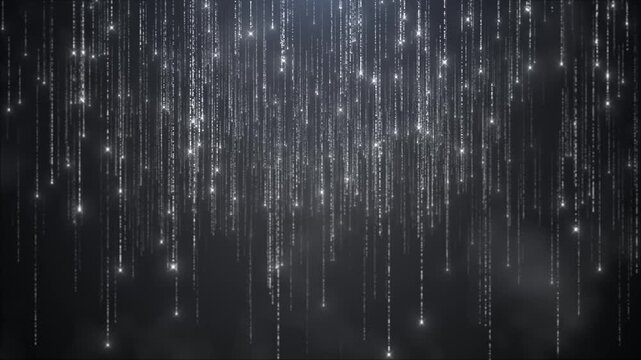Elegant silver glitter rain vertical falling light streaks sparkling particles luxurious shimmering atmosphere background. for festival overlays, celebrations, wedding videos, and cinematic visuals.