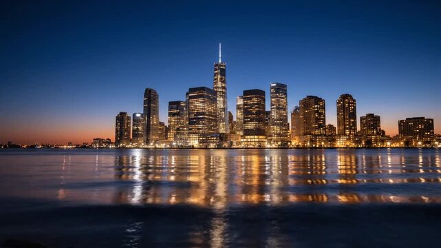 City skyline at dusk illuminated buildings reflecting on calm water