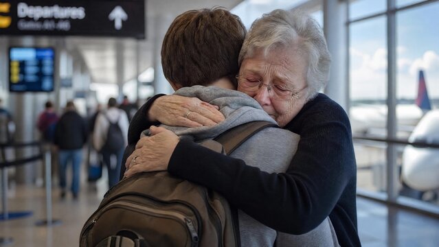 Emotional Reunion: Grandmother Hugs Grandchild at Airport Departure Gate