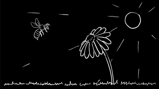 2d Animation motion graphics drawing of a bee hovering on daisy flower in meadow with sun on white, black and green screen in 4K ultra-high-definition.