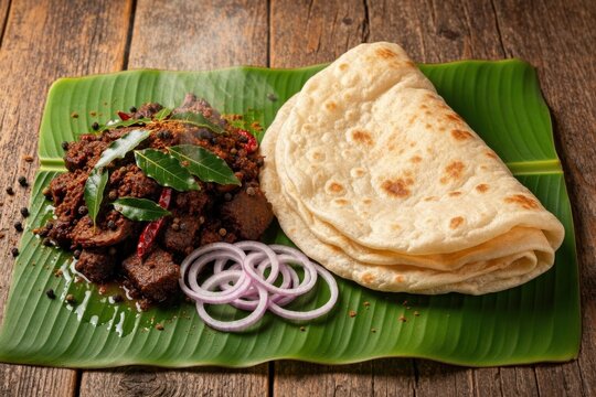 South indian meal with parotta and beef fry on banana leaf kerala food flatbread traditional