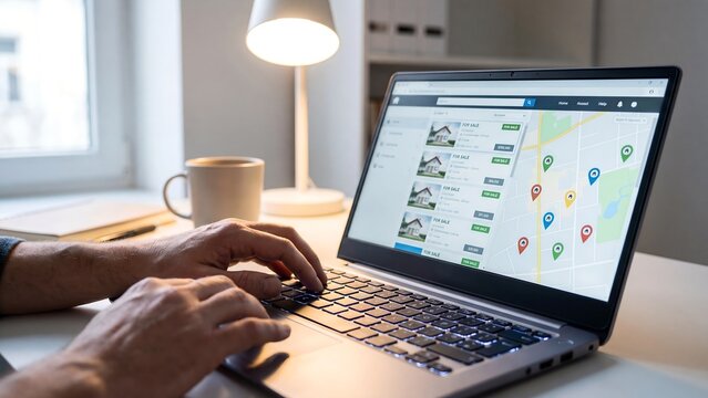Person browsing real estate listings and property map on laptop at home office desk, modern digital housing search concept for rentals, sales, investment and location planning     