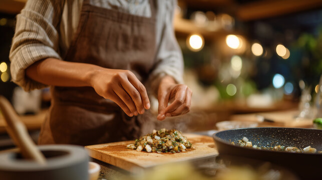 Peruvian-Nigerian home cook mixing suya spice blend into a ceviche leche de tigre in a small urban apartment kitchen, both a mortar of African peppercorns and a pile of fresh aj&iacute; limo peppers on the