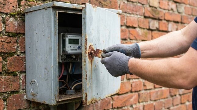 Electrician wearing gloves opening an old rusty electrical meter box on a brick wall