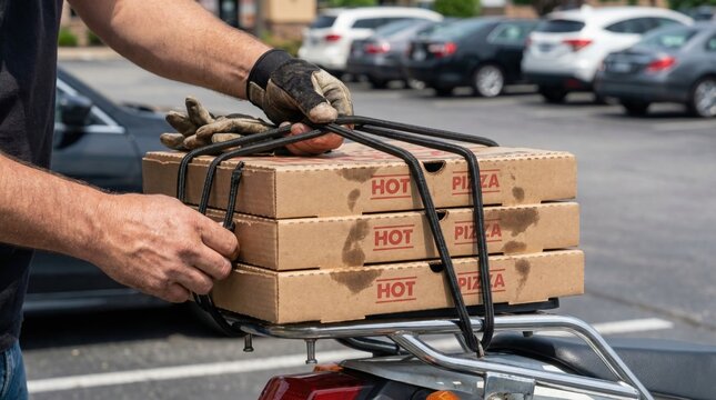 Delivery worker securing pizza boxes to a motorcycle rack with a bungee cord