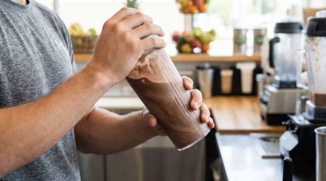 Man mixing a chocolate protein shake in a plastic shaker bottle at the gym