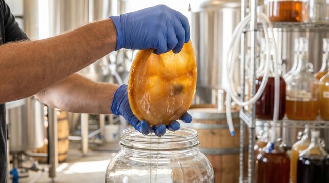 Brewer in blue gloves holding a large kombucha scoby over a glass fermentation jar