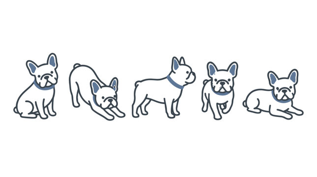 five french bulldog puppies sitting in row hand drawn illustration