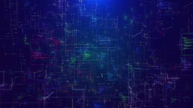 Blue code interface technology background shows programming panels, glowing lines, digital system depth software developer content, cybersecurity promos, AI explainers, data visuals, and tech intros.